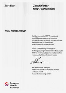 Zertifikat der HRV-Zertifizierung von Autonom Health