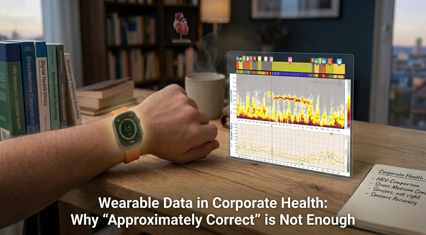 A person at a desk looking at a smartwatch displaying a simplified health score, next to a screen showing a detailed 24-hour HRV Life Fire spectrogram by Autonom Health. Overlay text reads: Wearable Data in Corporate Health: Why 'Approximately Correct' is Not Enough.