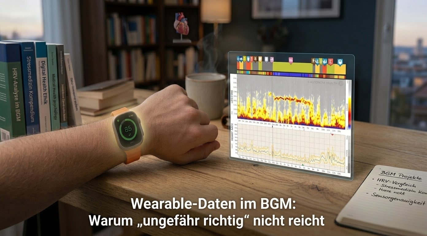 Person am Schreibtisch blickt auf eine Smartwatch mit einem vereinfachten Fitness-Score. Daneben steht ein Bildschirm mit einem detaillierten 24-Stunden-HRV-Lebensfeuer-Spektrogramm von Autonom Health. Im Vordergrund steht der Text: Wearable-Daten im BGM: Warum ‚ungefähr richtig‘ nicht reicht.