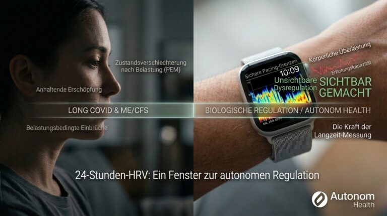 Zweigeteiltes Banner zu Long COVID & ME/CFS: Links das Profil einer erschöpften Frau, rechts eine Smartwatch mit dem bunter Lebensfeuer®-Spektrogramm einer 24-Stunden-HRV-Messung von Autonom Health zur Sichtbarmachung autonomer Fehlregulationen.