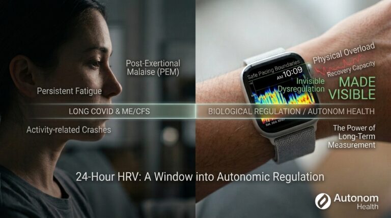 Split-screen header banner for Long COVID & ME/CFS: On the left, a profile of a fatigued woman; on the right, a smartwatch displaying an authentic 24-hour HRV Lebensfeuer® spectrogram by Autonom Health to make invisible autonomic dysregulation visible.