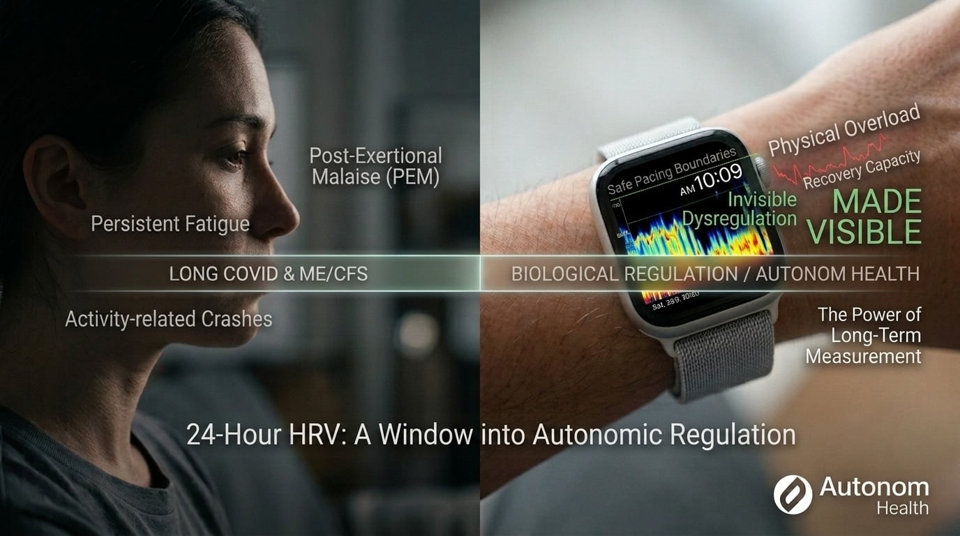 Split-screen header banner for Long COVID & ME/CFS: On the left, a profile of a fatigued woman; on the right, a smartwatch displaying an authentic 24-hour HRV Lebensfeuer® spectrogram by Autonom Health to make invisible autonomic dysregulation visible.